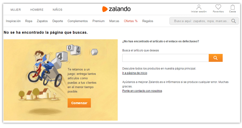 Ejemplo página de error 404: Zalando